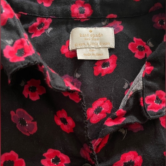 Kate Spade Sleepwear Top 3/4 Length Sleeve Floral Button Down Black Red Size L - Picture 4 of 6